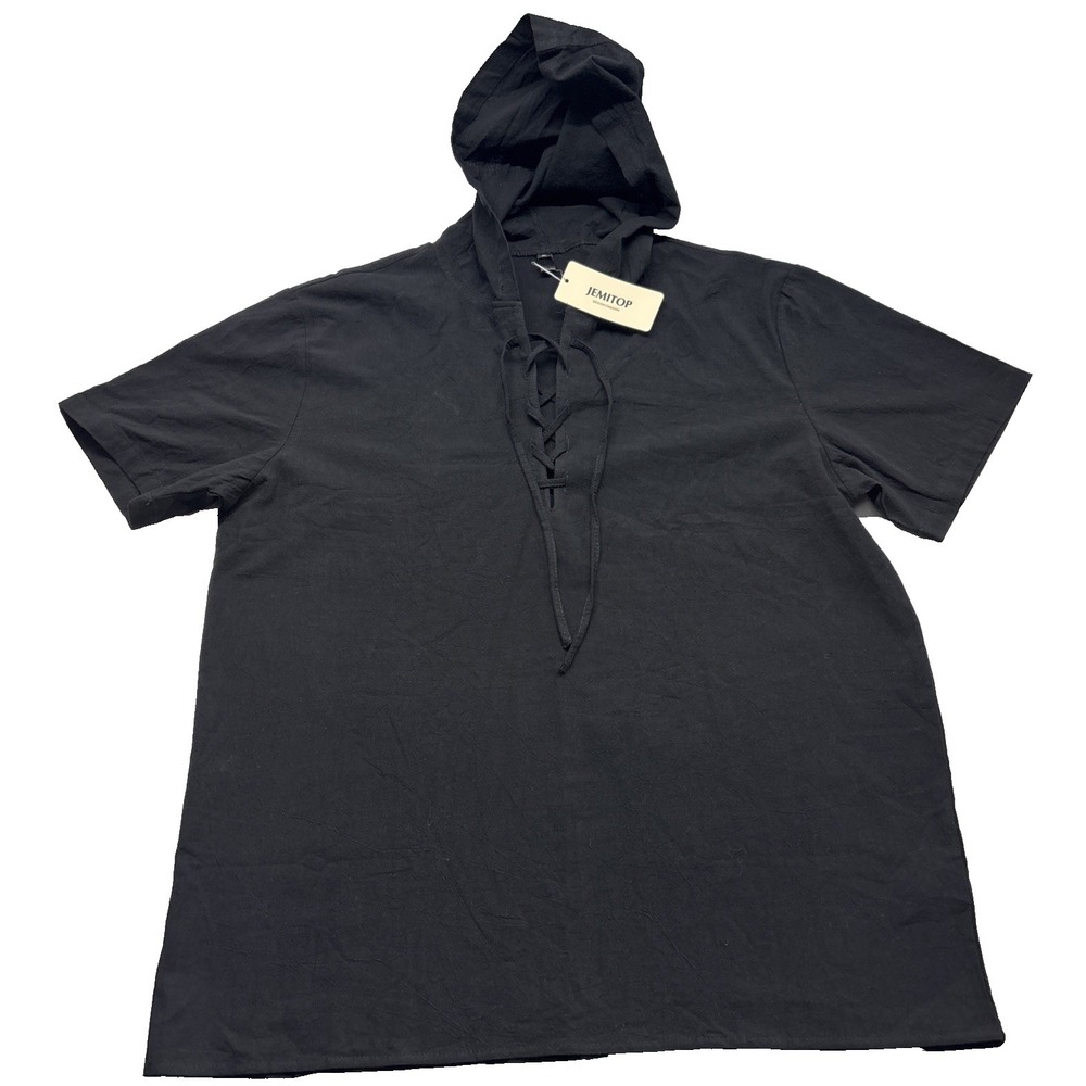 JEMITOP Men's Retro Pure Cotton Lace Up  Shirt  XL, Black